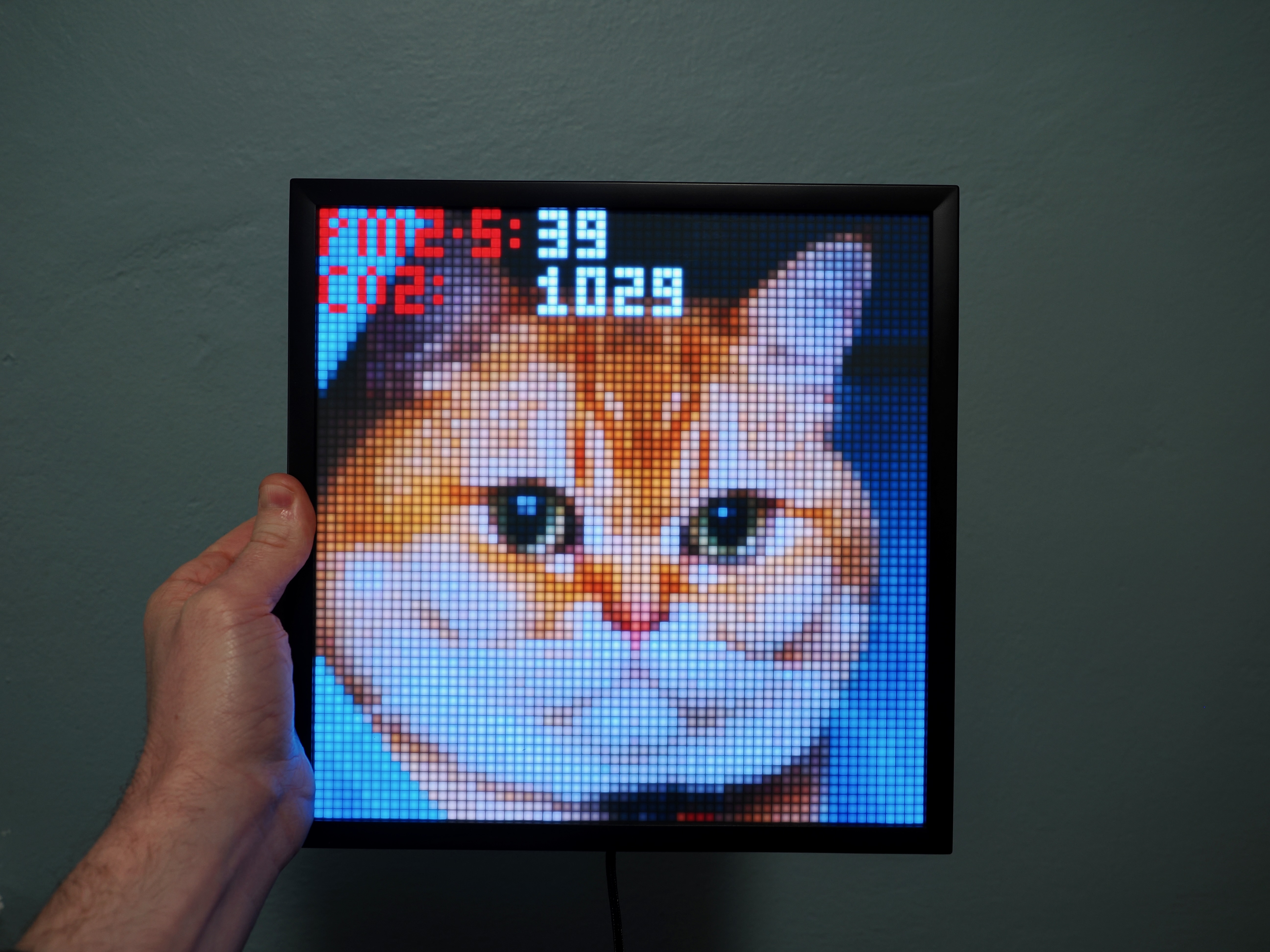 LED sign that has a cat and PM2.5 data on it